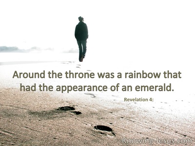 There was a rainbow around the throne,  in appearance like an emerald.